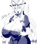  1girl :d amazon_(taitaitaira) areola_slip areolae breasts cleavage covered_nipples dress gloves hair_between_eyes hat highres huge_breasts long_hair looking_at_viewer monochrome open_mouth saliva simple_background smile solo sweat teeth tongue tongue_out touhou white_background yakumo_yukari 
