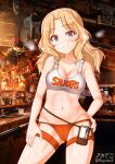  1girl aquaegg bare_shoulders blonde_hair blue_eyes blush breasts cleavage collarbone eyebrows_visible_through_hair girls_und_panzer hand_on_hip highres hooters indoors kay_(girls_und_panzer) large_breasts looking_at_viewer micro_shorts midriff navel orange_shorts parted_lips pen shiny shiny_hair shiny_skin shorts smile solo standing tank_top white_tank_top 