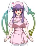  1girl animal_ears bamboo blush breasts bunny_ears eyebrows_visible_through_hair fang hat highres id_card large_breasts light_purple_hair long_hair looking_at_viewer nurse nurse_cap open_mouth purple_hair red_eyes reisen_udongein_inaba solo touhou very_long_hair white_legwear yagami_(mukage) 