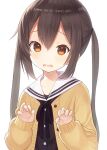  1girl bangs black_hair black_ribbon blush brown_eyes capriccio cardigan commentary_request embarrassed hands_up k-on! long_hair long_sleeves looking_at_viewer nakano_azusa neck_ribbon open_mouth ribbon simple_background solo twintails white_background yellow_cardigan 