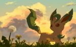  brown_eyes cloud commentary_request dandelion day flower from_below gen_4_pokemon grass highres leafeon looking_back no_humans one-hour_drawing_challenge outdoors pokemon pokemon_(creature) rend sky solo standing 