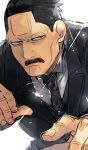  1boy black_eyes black_neckwear black_suit cheekbones facial_hair forehead formal glint golden_kamuy hair_slicked_back hands_up highres looking_at_viewer male_focus mustache necktie oziozi_kamuy solo suit ushiyama_tatsuma white_background 