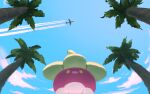  aircraft airplane bounsweet cloud commentary_request day from_below gen_7_pokemon highres no_humans one-hour_drawing_challenge outdoors palm_tree pokemon pokemon_(creature) rend sky smile solo tree yellow_eyes 