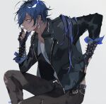  1boy arm_behind_back bangs belt black_jacket blue_eyes blue_hair bracelet closed_mouth dark_skin dark_skinned_male earrings feet_out_of_frame fingerless_gloves genshin_impact gloves grey_pants hair_between_eyes hand_on_own_face hand_up highres jacket jewelry kaeya_(genshin_impact) kuroshirox leather leather_jacket long_hair long_sleeves looking_to_the_side low_ponytail male_focus pants ponytail shirt sitting sleeves_rolled_up solo spiked_bracelet spikes torn_clothes unzipped white_shirt 
