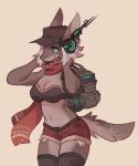  2019 anthro backpack belly big_breasts bottomwear breasts cleavage clothed clothing ear_tuft female fur furred_shark green_eyes grey_body grey_fur hair hi_res hotpants red_scarf retros scarf shorts smile solo standing tuft white_hair 