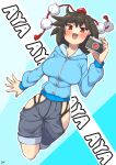  1girl :d alternate_costume bangs black_hair blue_background blue_hoodie blurry blush breasts camera character_name coffeelove68 collarbone depth_of_field eyebrows_visible_through_hair full_body grey_shorts hand_up hat highres hip_vent holding holding_camera hood hoodie large_breasts long_sleeves looking_at_viewer no_nose open_mouth outline pointy_ears pom_pom_(clothes) red_eyes red_headwear shameimaru_aya short_hair shorts signature simple_background smile solo tassel tokin_hat touhou v-shaped_eyebrows white_outline 