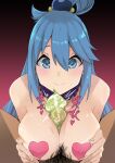  1boy 1girl aqua_(konosuba) bare_shoulders blue_eyes blue_hair blush breasts condom condom_on_penis cum ejaculation h2o_(ddks2923) heart_pasties hetero highres kono_subarashii_sekai_ni_shukufuku_wo! long_hair male_pubic_hair paizuri pasties penis pubic_hair smile sweat 