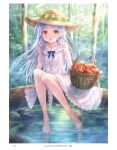  1girl alternate_costume angel_beats! apple basket day dress food forest frilled_dress frills fruit full_body goto_p hat highres long_hair looking_at_viewer nature outdoors silver_hair sitting smile soaking_feet solo straw_hat tenshi_(angel_beats!) tree water white_dress yellow_eyes 