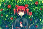  1girl ahoge blue_shirt bush camellia commentary dated drill_hair flower highres holding holding_flower holding_petal kasane_teto leaf looking_at_viewer mouth_hold noshita petals red_eyes red_flower red_hair shirt short_hair solo standing twin_drills twitter_username upper_body utau yellow_pupils 