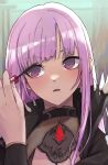  1girl applying_makeup bangs black_cape blush bracer cape cleavage_cutout clothing_cutout eyebrows_visible_through_hair hair_behind_ear head_tilt highres hololive hololive_english looking_to_the_side looking_up makeup mascara mascara_wand minagokoro mori_calliope open_mouth pink_hair purple_eyes solo spikes upper_body virtual_youtuber 