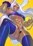  1girl abs animal_ears ass_visible_through_thighs bilkaya4 boku_no_hero_academia breasts bunny_ears bunny_girl bunny_tail dark_skin english_commentary gloves large_breasts long_hair looking_at_viewer mirko muscular muscular_female navel parted_lips patreon_logo patreon_username red_eyes smirk solo strapless tail teeth thighhighs tubetop underboob white_hair yellow_background 