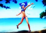  1girl arm_up armpits bangs bare_shoulders bikini blue_bikini blue_bow blue_eyes blue_footwear blue_hair blue_sky blue_theme blue_wings blurry blurry_background blush bow bow_bikini breasts cirno collar collared_bikini commentary_request dark_skin dark_skinned_female eyebrows_visible_through_hair full_body gradient_sky hair_bow happy horizon ice ice_wings katsura_dendou leg_up looking_at_viewer navel neck_ribbon ocean open_mouth outstretched_arm red_neckwear red_ribbon ribbon sandals shiny shiny_hair short_hair sidelocks sky small_breasts smile solo standing standing_on_one_leg stomach swimsuit tanned_cirno teeth touhou tree water wings 