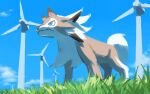  blue_eyes closed_mouth cloud commentary_request day from_below gen_7_pokemon grass highres lycanroc lycanroc_(midday) no_humans one-hour_drawing_challenge outdoors pokemon pokemon_(creature) rend sky solo standing wind_turbine 