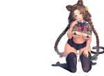  bikini blush bow braids brown_hair cameltoe catgirl erect_nipples fang green_eyes headband long_hair original rangen school_uniform see_through skirt swimsuit tail thighhighs twintails white zettai_ryouiki 