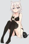  1girl absurdres animal animal_ears azuuru bangs bare_shoulders black_bra black_cat black_legwear black_panties blue_eyes blush bow bra breasts cat cat_ears cleavage collarbone duplicate eyebrows_visible_through_hair fang full_body grey_hair hair_between_eyes hair_ornament hairclip highres looking_at_viewer no_shoes open_mouth original over-kneehighs panties short_hair simple_background sitting thighhighs underwear underwear_only white_hair 