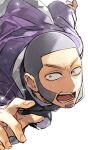  1boy buzz_cut facial_hair goatee golden_kamuy highres long_sleeves looking_at_viewer nervous open_mouth oziozi_kamuy shiraishi_yoshitake short_hair sideburns solo sweat very_short_hair white_background 