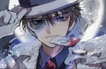  1boy adjusting_clothes adjusting_headwear bangs blue_eyes blue_shirt brown_hair calling_card card collared_shirt commentary dress_shirt eyebrows_visible_through_hair formal full_moon gloves hair_between_eyes hat jacket kaitou_kid looking_at_viewer magic_kaito male_focus meitantei_conan monocle monocle_chain moon mouth_hold necktie night portrait red_neckwear shirt short_hair simsim3481 sketch smile solo suit top_hat white_gloves white_headwear white_jacket white_suit 