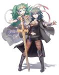  2girls :d armor bangs bare_shoulders black_armor black_cape black_footwear black_shirt black_shorts blue_eyes blue_hair blunt_bangs boots braid breasts brown_legwear byleth_(fire_emblem) byleth_(fire_emblem)_(female) cape closed_mouth clothing_cutout commentary_request dagger dress emblem eyebrows_visible_through_hair fire_emblem fire_emblem:_three_houses floating floating_hair full_body green_eyes green_hair hair_between_eyes hair_ornament hair_ribbon highres holding holding_sword holding_weapon itsumiruka knee_boots large_breasts long_hair looking_at_viewer lower_teeth multiple_girls navel navel_cutout open_mouth pantyhose patterned_clothing pointy_ears purple_dress ribbon ribbon_braid shadow shirt short_shorts shorts side_braids sidelocks simple_background single_knee_pad sleeveless sleeveless_dress smile sothis_(fire_emblem) sparkle standing sword sword_of_the_creator tachi-e tassel tiara twin_braids vambraces weapon white_background 