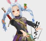  1girl animal_ear_fluff animal_ears bag bangs belt blush braid brown_belt bunny_ears bunny_tail carrot carrot_hair_ornament character_hair_ornament closed_mouth cosplay dragon_quest dragon_quest_xi dress food_themed_hair_ornament gotoh510 hair_ornament hero_(dq11) hero_(dq11)_(cosplay) hololive light_blue_hair long_hair long_sleeves looking_at_viewer messenger_bag orange_eyes parted_bangs parted_lips paw_print purple_dress short_eyebrows shoulder_bag signature slime_(dragon_quest) smile solo sword tail thick_eyebrows twin_braids usada_pekora virtual_youtuber weapon white_background 