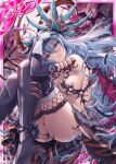  1girl akkijin ass bare_tree bird black_feathers black_gloves blue_hair boots breasts crow demon_wings elbow_gloves feathers fishnets flower full_moon garter_straps gloves hair_flower hair_ornament hand_on_own_head high_heel_boots high_heels large_breasts loki_(shinkai_no_valkyrie) long_hair looking_at_viewer moon night night_sky official_art purple_eyes red_sky shinkai_no_valkyrie sitting sky staff thighhighs tree weapon white_gloves wings 