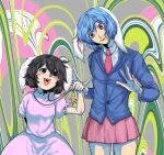  1boy 1girl abstract_background absurdres animal_ears babus_(nicoseiga56306120) bad_id bad_nicoseiga_id black_eyes black_hair blazer blue_hair blue_jacket commentary_request cookie_(touhou) cowboy_shot crossdressing dress fang floppy_ears frilled_dress frills hair_between_eyes head_tilt highres inaba_tewi jacket jun_(cookie) long_sleeves looking_at_another looking_to_the_side necktie no_pupils open_mouth pink_dress pink_skirt pleated_skirt puffy_short_sleeves puffy_sleeves rabbit_ears rabbit_girl rabbit_tail red_eyes red_necktie reisen_(touhou_bougetsushou) ribbon-trimmed_dress short_hair short_sleeves skirt smile stella_(cookie) tail tongue touhou uvula 