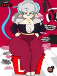  2019 anthro big_breasts big_butt breasts butt cleavage clothed clothing cross-popping_vein curvy_figure dialogue digital_media_(artwork) english_text female grey_hair hair headphones hi_res hourglass_figure huge_breasts huge_butt inkit89 lilly_(inkit89) looking_at_viewer mammal microphone midriff mouse murid murine offscreen_character red_eyes rodent simple_background sitting solo text thick_thighs voluptuous wide_hips youtube 