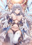  1girl akkijin armor bikini bikini_armor blue_eyes breasts elbow_gloves gloves halo large_breasts long_hair looking_at_viewer official_art oracle_(shinkai_no_valkyrie) rainbow shinkai_no_valkyrie silver_hair sky stomach swimsuit sword thighhighs tiara weapon white_gloves wings 