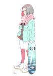  1girl absurdres aqua_coat full_body grey_hair highres kawatsu_yuuki legwear_under_shorts long_sleeves original pantyhose pink_legwear pink_scarf profile scarf shoes short_hair shorts signature simple_background skateboard solo standing white_background white_footwear white_shorts 