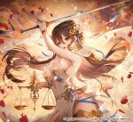  1girl :o apple_caramel arm_up blue_ribbon breasts brown_hair cleavage company_name earrings fingerless_gloves flower game_of_dice gloves hair_between_eyes hair_flower hair_ornament hair_ribbon holding holding_sword holding_weapon jewelry large_breasts long_hair official_art petals ribbon sideboob standing sword thighhighs watermark weapon weighing_scale white_gloves 