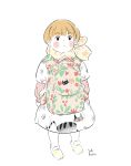  1girl absurdres animal_print backpack bag black_eyes blush cat_print child dress eyebrows_visible_through_hair highres kawatsu_yuuki orange_hair original print_bag print_dress shoes short_hair signature simple_background solo white_background 