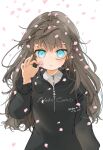  1girl bangs black_sweater blue_eyes brown_hair cherry_blossoms collared_shirt flower gotoh510 hand_up holding holding_flower long_hair long_sleeves looking_at_viewer original petals shirt solo sweater upper_body white_background white_shirt 
