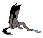  ._. 1girl animal_ears arm_support backlighting bangs bare_arms bare_legs bare_shoulders barefoot between_toes black_hair blending cat_ears cat_girl cat_tail child closed_eyes closed_mouth extra_ears facing_to_the_side fish food_bite foot_hold from_side full_body hirasawa_minami knee_up long_hair lowres original outstretched_leg profile simple_background sitting solo tail white_background 