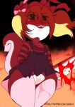  accessory anthro blood bodily_fluids clothing conker&#039;s_bad_fur_day female fire_background green_eyes hair_accessory hair_ribbon knife little_girl_(conker&#039;s_bad_fur_day) mammal panties pigtails rareware ribbons rodent sciurid smile solo underwear video_games white_panties zaviel 