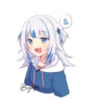  1girl a artist_name bangs blue_hair blue_hoodie eyebrows_visible_through_hair gawr_gura highres hololive hololive_english hood hoodie looking_ahead multicolored_hair open_mouth sharp_teeth silver_hair smile solo speech_bubble streaked_hair teeth two_side_up upper_body virtual_youtuber vyolfers white_background 
