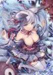  1girl akkijin animal_ears armpits bare_shoulders breasts fox_ears fox_girl fox_tail frilled_skirt frills ghost hair_ornament hitodama japanese_clothes looking_at_viewer medium_breasts multiple_tails official_art purple_eyes shinkai_no_valkyrie short_hair silver_hair skirt sky tail thighhighs 