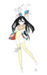  1girl 2019 absurdres arms_up black_eyes black_hair dated hair_between_eyes highres kawatsu_yuuki leotard long_hair original print_legwear simple_background smile solo thank_you very_long_hair white_background white_footwear yellow_legwear yellow_leotard 