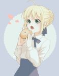  1girl ahoge artoria_pendragon_(all) bangs blonde_hair blue_ribbon blue_skirt braid braided_bun commentary_request doughnut eating eyebrows_visible_through_hair fate/stay_night fate_(series) food food_on_face green_eyes hair_ribbon heart high-waist_skirt highres holding holding_food long_sleeves looking_at_food neck_ribbon open_mouth ribbon saber shirt short_hair simple_background skirt solo standing two-tone_background white_shirt yumikan 