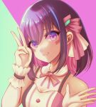  1girl ame_(reprisame) azki_(hololive) bangs breasts brown_hair cleavage colored_inner_hair detached_collar highres hololive medium_hair multicolored_hair open_hand open_mouth pink_hair purple_eyes small_breasts solo upper_body v virtual_youtuber waving wrist_cuffs 