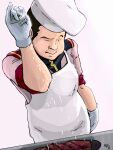  1boy apron black_hair chef_hat food gundam hair_behind_ear hat highres looking_down male_focus meme mobile_suit_gundam moroboshi_danshaku one_eye_closed salt salt_bae_(meme) smile solo steak tamura_(gundam) uniform white_headwear 