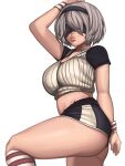  1girl absurdres alternate_costume alternate_legwear arm_up ass black_blindfold black_hairband blindfold breasts covered_eyes crop_top hairband highres kevbot kneehighs large_breasts leg_up lips looking_at_viewer mole mole_under_mouth nier_(series) nier_automata nose raglan_sleeves shirt short_shorts shorts silver_hair solo sportswear striped striped_legwear sweatband t-shirt thick_thighs thighs white_background wristband yorha_no._2_type_b 