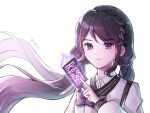  1girl bangs black_hair black_survival bow braid card frown holding holding_card hyejin_(black_survival) keinet long_sleeves purple_bow purple_eyes sidelocks simple_background talisman twintails upper_body white_background 