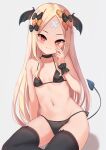  1girl abigail_williams_(fate) bandaid bandaid_on_forehead bangs bare_shoulders bikini black_bikini black_bow black_legwear blonde_hair blush bow breasts choker collarbone crossed_bandaids demon_tail fate/grand_order fate_(series) forehead hair_bow head_wings highres long_hair looking_at_viewer multiple_bows navel orange_bow parted_bangs red_eyes shimokirin sidelocks sitting small_breasts smile swimsuit tail thighhighs thighs 