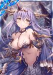  1girl akkijin armpits bare_shoulders breasts choker collarbone gloves hair_ornament horns lamia large_breasts long_hair monster_girl official_art pointy_ears purple_gloves purple_hair shinkai_no_valkyrie smile snake_tail stomach tail yellow_eyes 