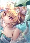  1girl andira_(granblue_fantasy) animal_ears arm_up azalea4 bangs bare_shoulders blonde_hair blue_swimsuit casual_one-piece_swimsuit commentary_request double_bun eyebrows_visible_through_hair flower glint granblue_fantasy hair_between_eyes hair_flower hair_ornament highres looking_at_viewer monkey_ears monkey_girl monkey_tail one-piece_swimsuit red_eyes see-through solo swimsuit tail twitter_username upper_body water_drop white_flower 