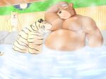  2021 absurd_res anthro bathing brown_body brown_fur canid canine canis domestic_dog felid fur group hi_res kemono licking male male/male mammal moobs moon night nipple_fetish nipple_lick nipple_play nipples outside overweight overweight_male pantherine tail_person tiger tongue tongue_out towel ursid water 