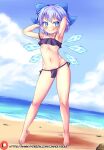  1girl :q armpits arms_up bangs bare_shoulders barefoot beach blue_bow blue_eyes blue_hair blush bow breasts bright_pupils cirno cloud cloudy_sky collarbone contrapposto day dutch_angle english_commentary full_body highres horizon ice ice_wings looking_at_viewer navel outdoors patreon_username short_hair sky small_breasts solo standing strap_slip swimsuit tongue tongue_out touhou unholysoul wings 