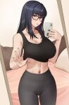  1girl banned_artist bare_shoulders bed bed_sheet black_hair black_legwear black_nails blush breasts cleavage collarbone crop_top eyebrows_visible_through_hair glasses holding holding_phone kkamja midriff mirror nail_polish navel open_mouth original phone pillow red_eyes shirt_lift 