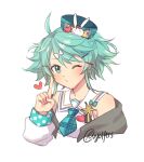  1boy aqua_eyes aqua_hair blush collarbone english_commentary green_jacket hat heart highres holostars jacket kagami_kira male_focus mini_hat off_shoulder otoko_no_ko plaid_headwear pointing pointing_at_self sailor_collar smile solo upper_body virtual_youtuber vyolfers white_background 