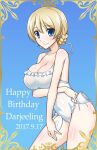  1girl bangs blonde_hair blue_eyes braid breast_hold breasts cleavage closed_mouth commentary covered_navel cup darjeeling_(girls_und_panzer) dated english_text eyebrows_visible_through_hair frilled_swimsuit frills girls_und_panzer halterneck happy_birthday holding holding_cup holding_saucer koishikawa large_breasts leaning_forward looking_at_viewer one-piece_swimsuit saucer short_hair side-tie_swimsuit smile solo standing swimsuit teacup tied_hair twin_braids white_swimsuit 