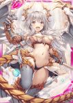  1girl :d akkijin armpits ass_visible_through_thighs bare_shoulders black_panties breasts claws cleavage dragon_girl dragon_horns dragon_tail dragon_wings fang feathers gold_trim halo holding horns light_rays long_hair looking_at_viewer medium_breasts navel official_art open_mouth panties polearm revealing_clothes shinkai_no_valkyrie silver_hair smile solo stomach tail thighhighs thighs underwear watermark weapon wings yellow_eyes 